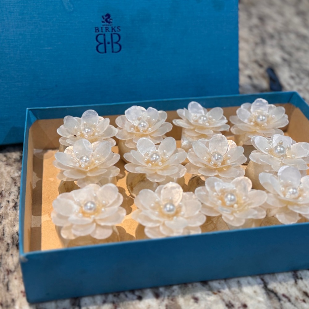 Maison Birks (Vintage) Mother of Pearl Flower Napkin Rings - Set of 12